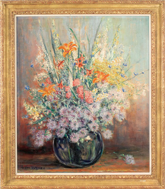 Cullen Yates (American, 1866-1945), oil on canvas still life, signed lower left, 33 inches  x 28 inches, $13,055. Image courtesy of Pook & Pook Inc.